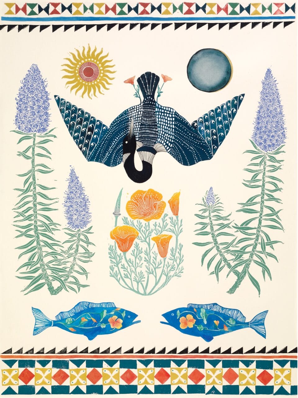 a block-printed composition of lupines, an upside-down goose, two fish, and a sun and moon