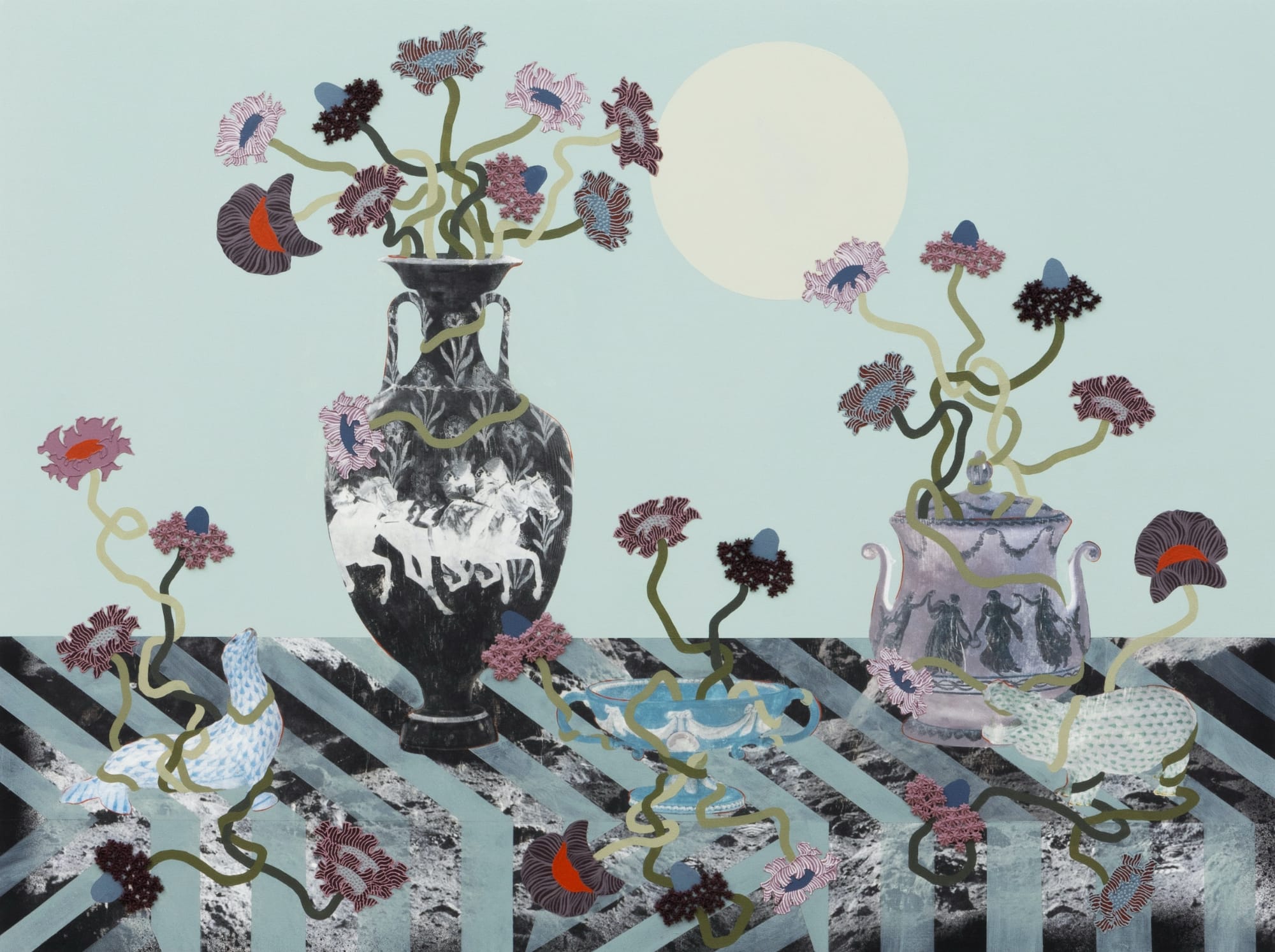 a still life with textured flowers held in blue ornate vessels on a striped tabletop