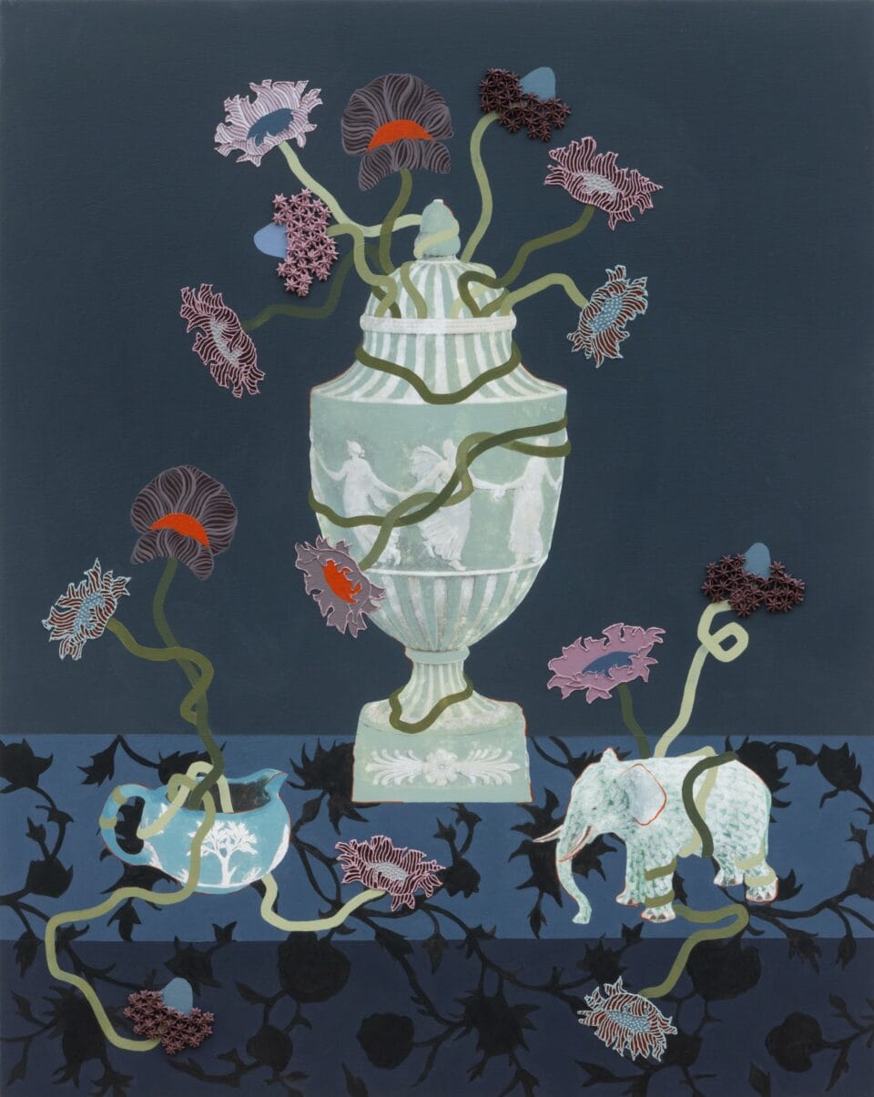 a still life with textured flowers held in blue ornate vessels on a floral tabletop