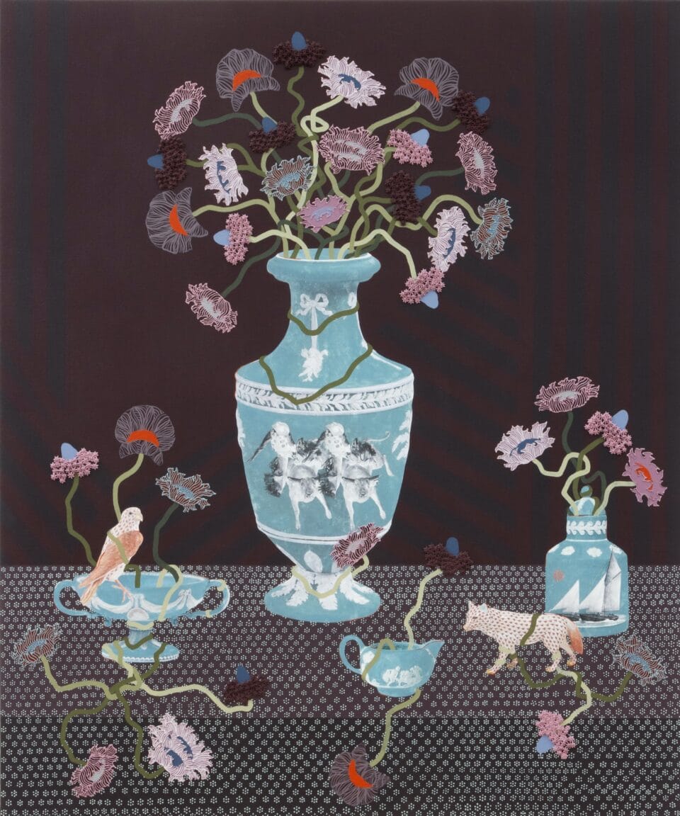 a still life with textured flowers held in blue ornate vessels on a floral tabletop