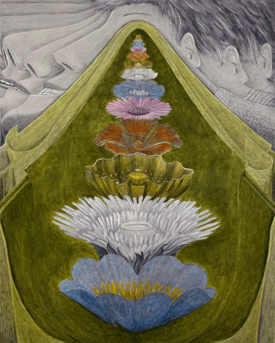 a vertical oil painting of various colors of flowers stacked symmetrically and set against a draped green cloth