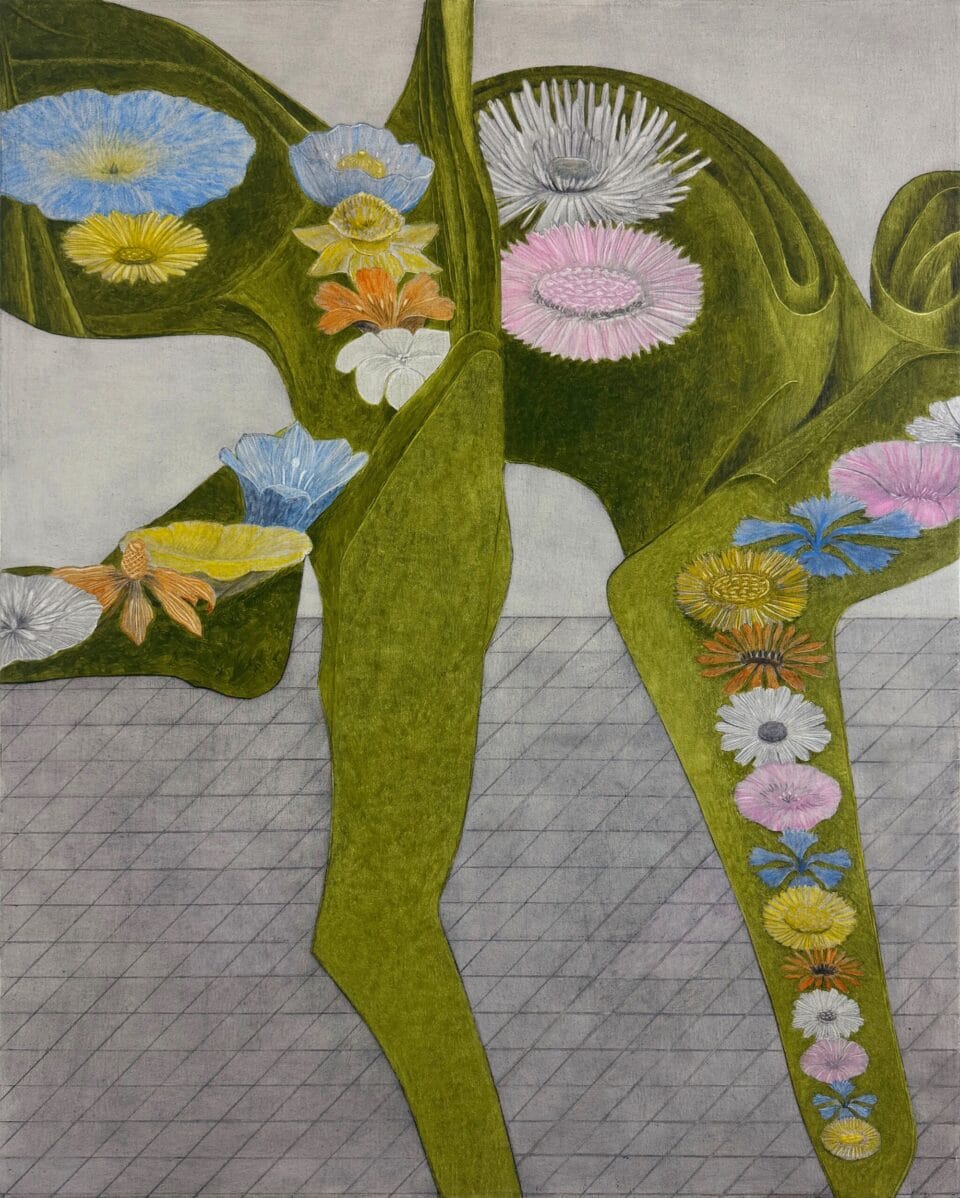 a vertical oil painting of various colors of flowers set against a draped green cloth