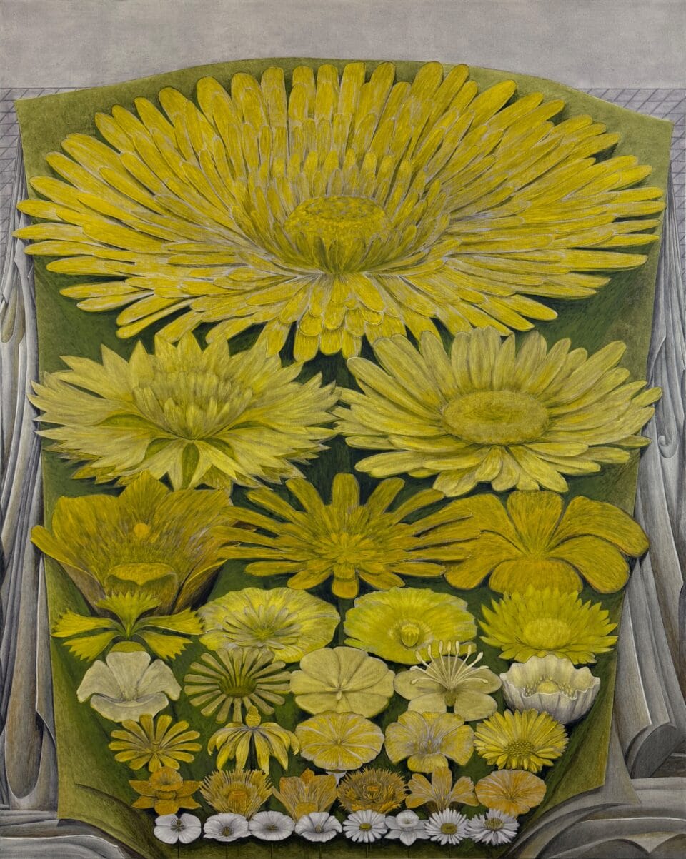 a vertical oil painting of yellow flowers set against a draped green cloth