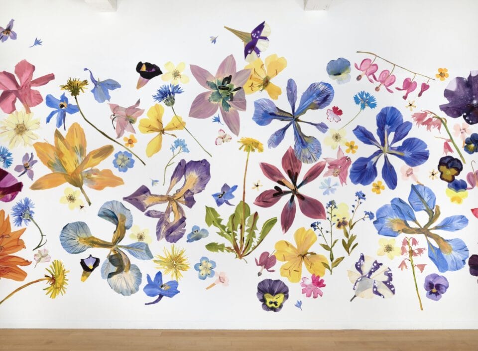 a segment of a large, full-wall installation of numerous flower painting cutouts that resemble giant pressed flowers all along a white wall