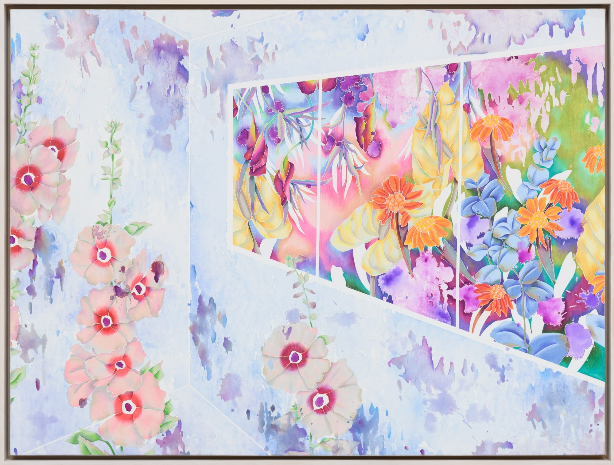 a colorful floral painting by Sarah Ann Weber with faint architectural details